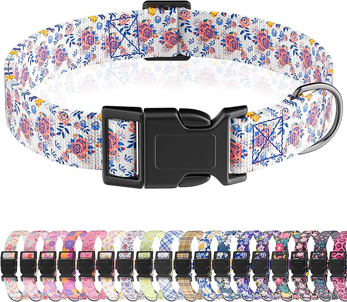 Dog Collar, Cute Floral Puppy Collar for Boys Girls Small Medium Large Dogs, Adjustable Soft Pet Collar Fancy Floral with Quick Release Buckle for Males Females, Blue Rose,XS
