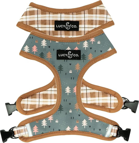 Lucy & Co. Cute Reversible Dog Harness Walking Halter - Best Designer Pet Harnesses for XS - XL Dogs - Padded Adjustable Vest for Easy Walking (X-Large, Neutral Brown Plaid with Blue Trees)