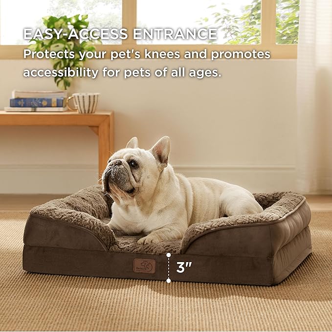 Bedsure Orthopedic Dog Bed for Medium Dogs - Calming Dog Sofa Beds Medium with Luxurious Plush Washable, Pet Couch Bed with Removable Washable Cover, Waterproof Lining and Nonskid Bottom, Brown