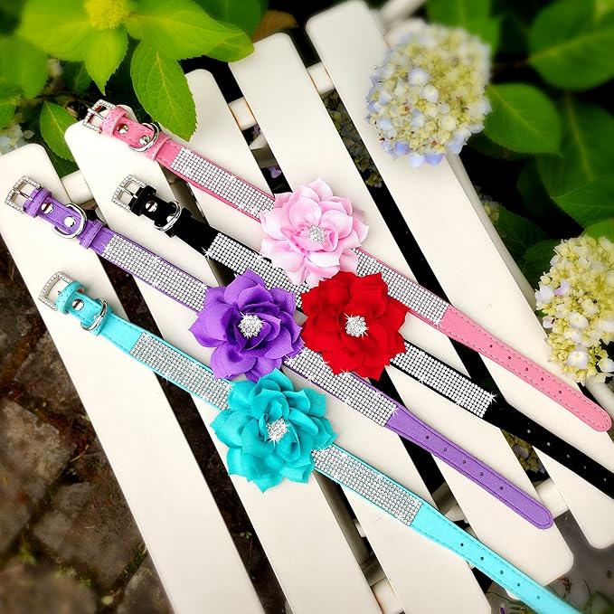 PET ARTIST Bling Rhinestone Dog Collar, Cute & Soft Suede Leather Dog Collar Girl with Flower, Sparkling Pink Pet Collars for Small Medium Female Dogs Walking Party Wedding,M