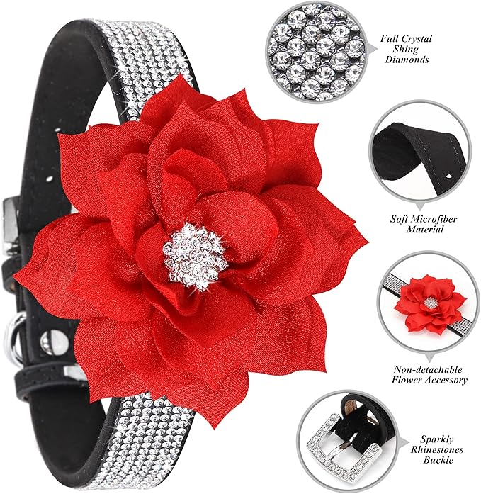 PET ARTIST Rhinestone Dog Collar and Leash Set, Sparkling Girl Dog Collars with Bling Diamonds, Soft Leather Red Puppy Collars with Cute Flower for Small Dogs Cats Walking Party Wedding,XS