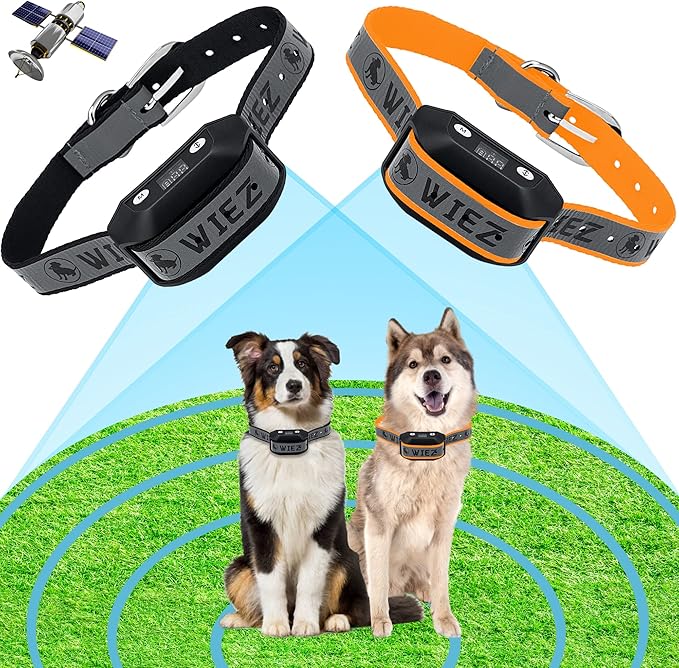 WIEZ GPS Wireless Dog Fence, Electric Dog Fence for Outdoor, Range 65-3281ft, Adjustable Warning Strength, Rechargeable, Pet Containment System, Harmless and Suitable for Most of Dogs(2 Collars)