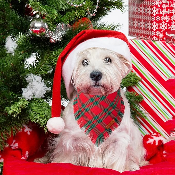 ADOGGYGO Christmas Dog Bandanas with Tassels, Red Green Plaid Pet Xmas Scarf Bib, Multiple Sizes, Christmas Bandana for Small Dogs Puppies (Small)