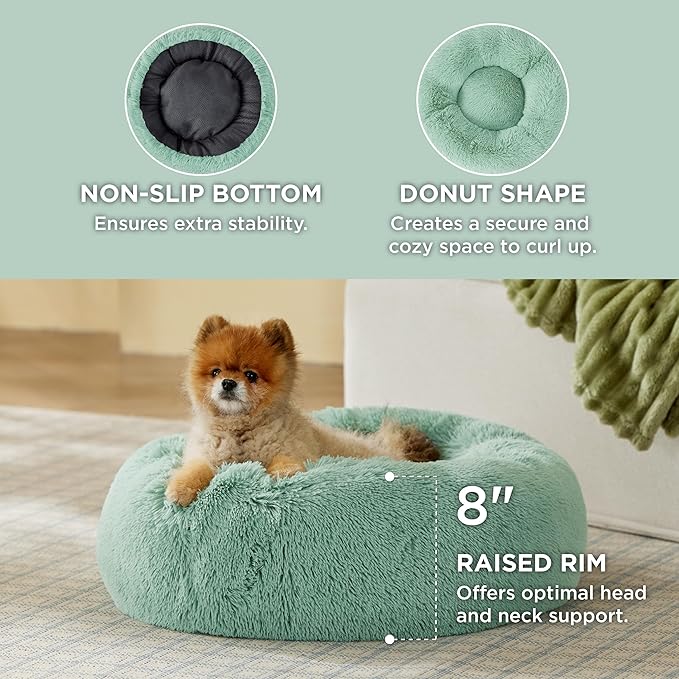 Bedsure Calming Dog Bed for Small Dogs - Donut Washable Small Pet Bed, 23 inches Anti-Slip Round Fluffy Plush Faux Fur Large Cat Bed, Fits up to 25 lbs Pets, Garden Green