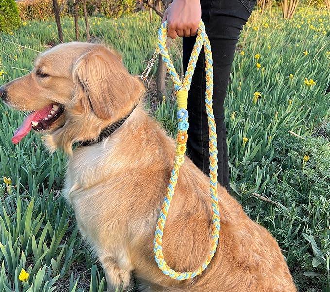 Handmade 5ft Braided Cotton Dog Leash with Unique Floral Handle, Durable and Stylish, Ideal for Small to Large Dogs, Blue & Yellow Twist (Sunshine Breeze)