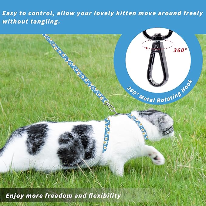 Cat Harness and Leash Set, Adjustable Kitten Harness Escape Proof Cats Harness, Soft Lightweight Walking Travel Pet Harness, Cute Kitty Harness Leash Set for Small Medium Cats, Blue Daisy