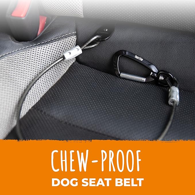Mighty Paw Dog Seat Belt - Chew-Proof Metal Safety Restraint - Steel Braided Vehicle Tether - Rock Climbers Carabiner Included - Pet Car Leash Seat Belts - Dogs Car Safety Harness -Black, 60cm