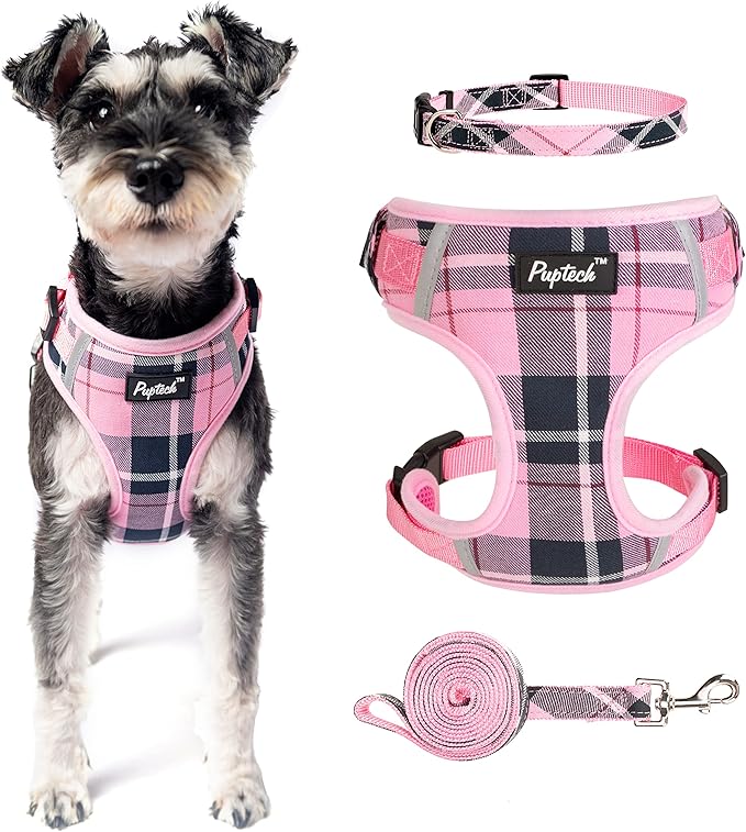PUPTECK Dog Harness and Leash Collar Set for Small Medium Dogs Puppy and Cats Walking No Pull Adjustable Reflective Soft Mesh Padded Plaid Harnesses Pet Accessories, Pink, S
