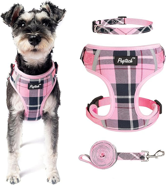 PUPTECK Dog Harness and Leash Collar Set for Small Medium Dogs Puppy and Cats Walking No Pull Adjustable Reflective Soft Mesh Padded Plaid Harnesses Pet Accessories, Pink, XS