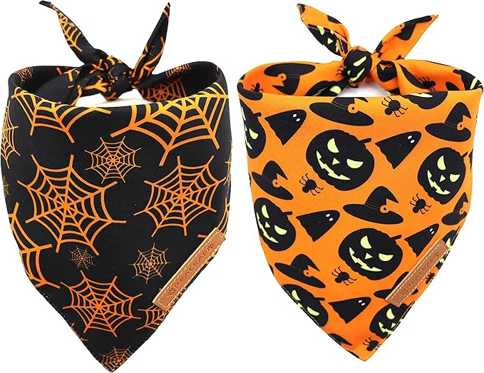 Realeaf Halloween Dog Bandanas 2 Pack, Pumpkin and Spider Web Bibs, Triangle Reversible Fall Pet Scarf, Premium Durable Fabric, Adjustable Fit (Small)