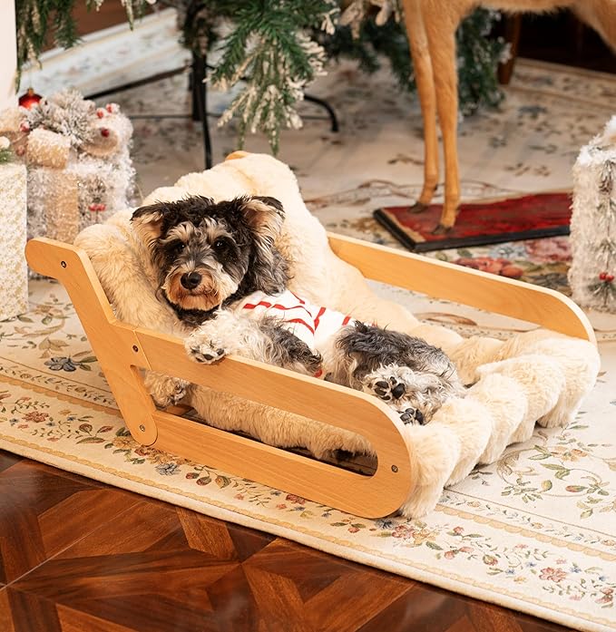 Elevated Cat Couch Bed for Indoor, Wooden Cats Sofa with Washable Fluffy Cover Raised Kitty Lounge Chair Suitable for Puppy(Cat Lounge Khaki)