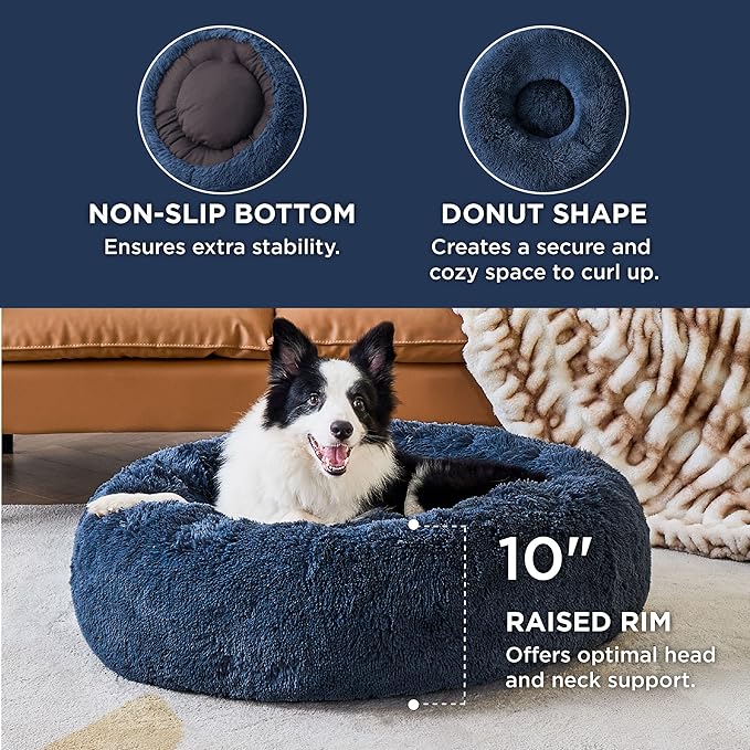 Bedsure Calming Dog Bed for Large Dogs - Donut Washable Large Pet Bed, 36 inches Anti Anxiety Round Fluffy Plush Faux Fur Dog Bed, Fits up to 100 lbs Pets, Navy