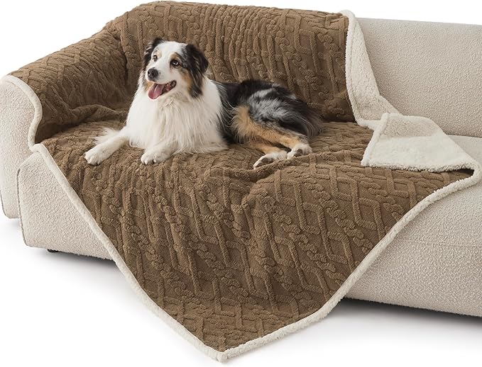 Bedsure Waterproof Dog Blankets for Large Dogs - Pet Blanket for Couch Protector Washable, Premium Jacquard Coral Fleece Cat Throw Blanket, Soft Plush Reversible Furniture Protection,50"x60", Taupe