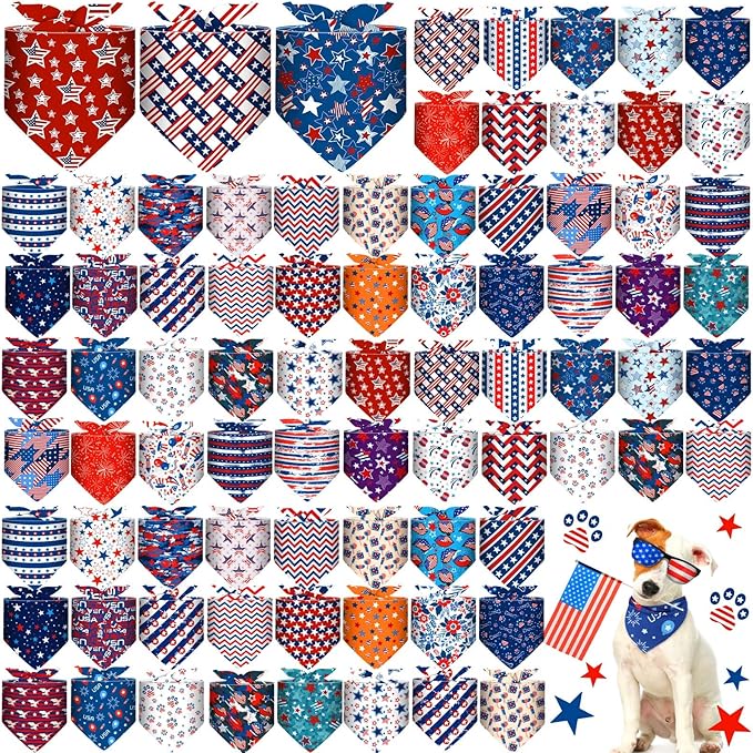 72 Pcs Dog Bandanas Bulk for Summer Adjustable Washable Pet Triangle Scarf Soft Kerchief Bib for Summer Holiday Pet Costume Accessories(Patriotic)