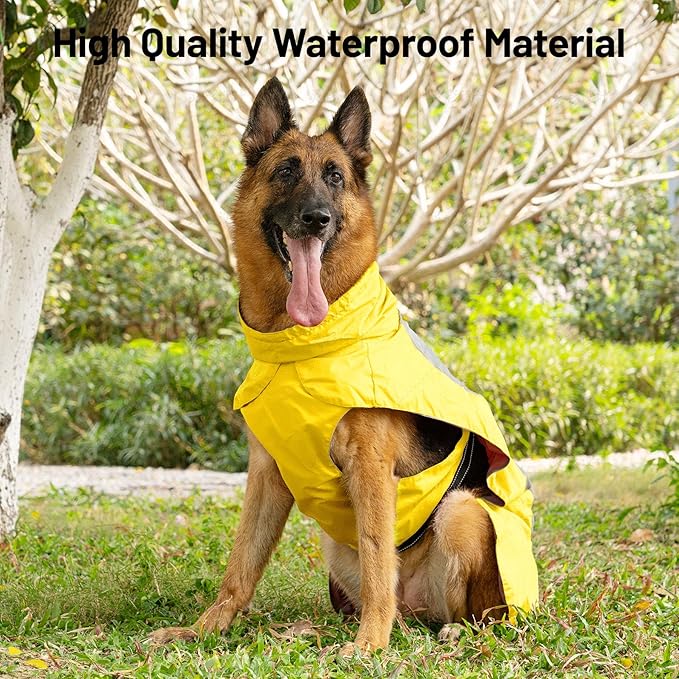 Dog Raincoat with Harness Built in,Outdoor Waterproof Puppy Rain Jacket for Medium Dogs,Adjustable Waist by Strap Doggie Rain Coats,Yellow L