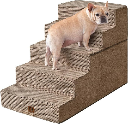 EHEYCIGA Dog Stairs for High Bed 25”H, 5-Step Extra Wide Dog Steps for Bed, Pet Steps for Small Dogs and Cats, Non-Slip Balanced Dog Indoor Ramp, Camel