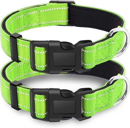 2 Pack Reflective Dog Collar with Safety Locking Buckle, Adjustable Soft Breathable Comfortable Nylon Pet Collar for Small, Medium and Large Dogs, Green, XS