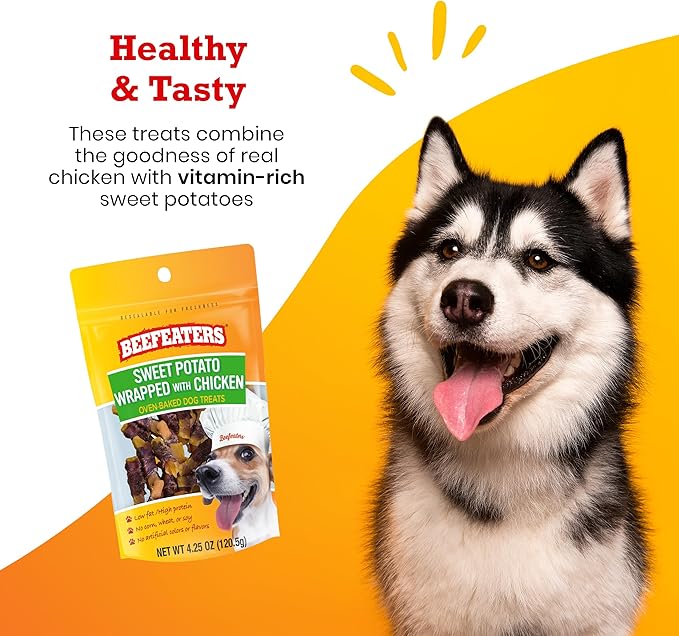 Dog Treats - Sweet Potato Wrapped with Chicken 4.25oz, Case of 6 | Dog Food No Corn/Wheat/Soy/Gluten | Low Fat, Grain-Free, Training & Rewards | Dog Training Treats For All Dog Sizes | BEEFEATERS