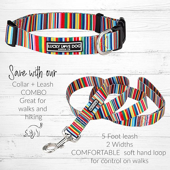 Lucky Love Dog - Easy Click Buckle Dog Collar with Leash Set Combo, Durable & Comfortable for Male & Female Dogs, Pet Collar for Small to Large Dogs, Secure Fit - Hippie Combo, Medium