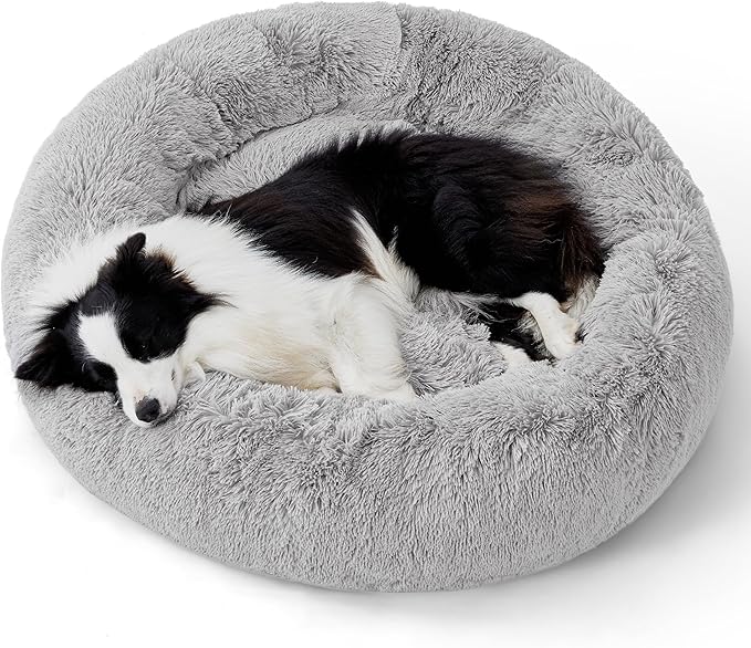 Bedsure Calming Dog Bed for Large Dogs - Donut Washable Large Pet Bed, 36 inches Anti-Slip Round Fluffy Plush Faux Fur Dog Bed, Fits up to 100 lbs Pets, Pale Grey