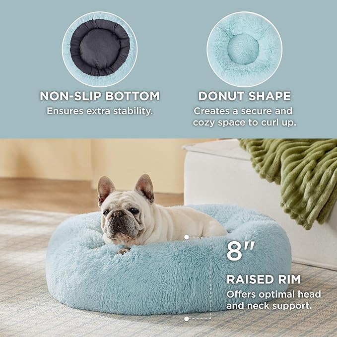 Bedsure Calming Dog Bed for Medium Dogs - Donut Washable Medium Pet Bed, 30 inches Anti-Slip Round Fluffy Plush Faux Fur Cat Bed, Fits up to 45 lbs Pets, Aqua Blue