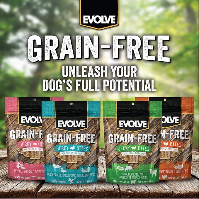 Evolve Grain Free Duck, Pea and Blueberry Jerky Bites Dog Treats (Pack of 2)