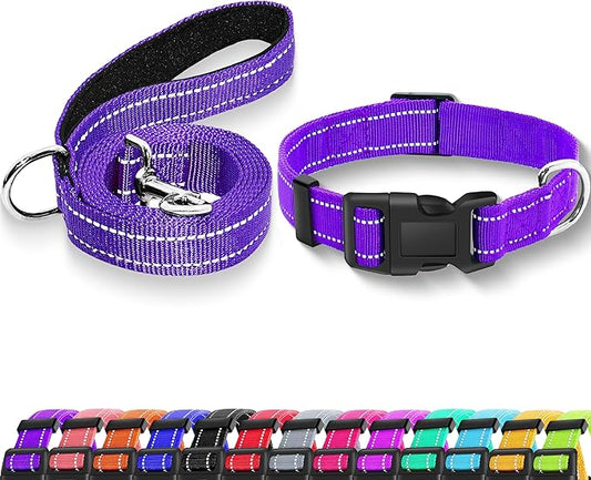Reflective Dog Collar with Safety Locking Buckle, Adjustable Soft Breathable Nylon Collars for Small, Medium and Large Dogs(Collar+Leash S Width 3/4" Purple)