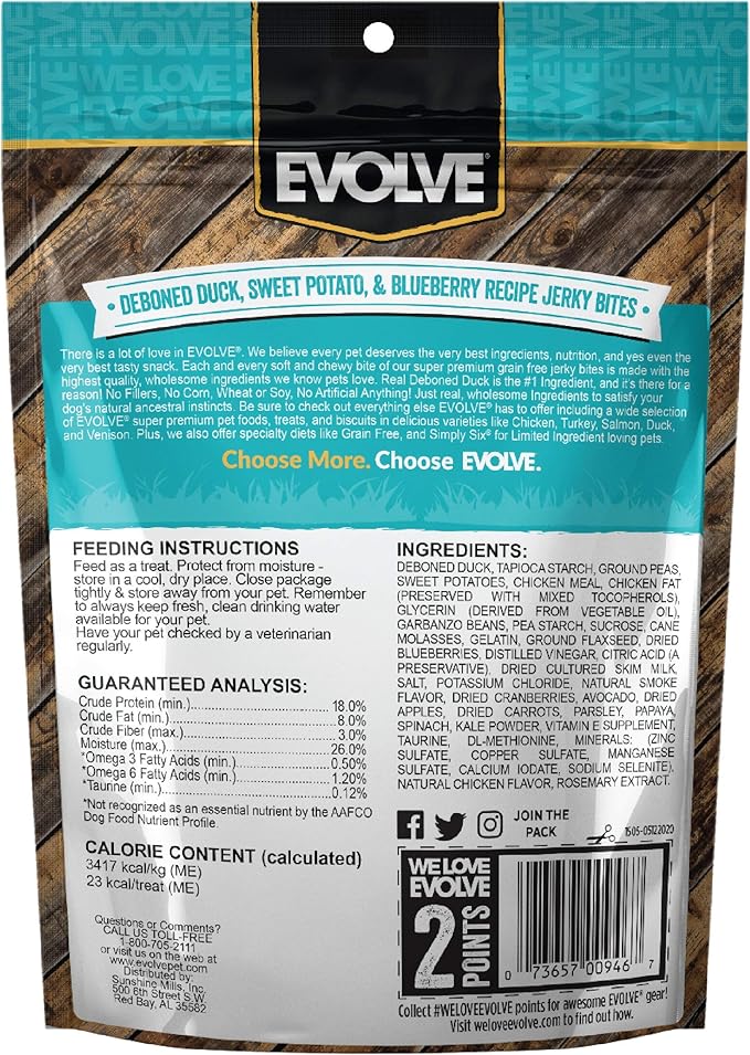 Evolve Grain Free Duck, Pea and Blueberry Jerky Bites Dog Treats (Pack of 2)