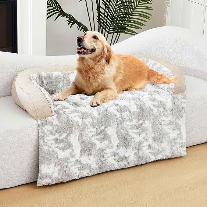 Calming Dog Couch Bed Mat, 41x37 Inch Waterproof Fluffy Sofa Cover, Furniture Protector with Handle, Removable and Washable Pet Bed for Medium Large Dogs and Cats (Beige)
