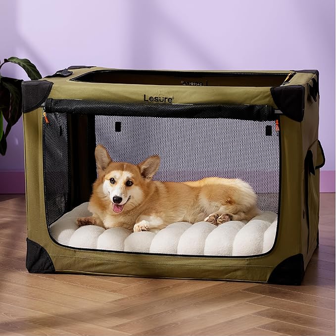 Lesure Cute Orthopedic Dog Bed for Crate, Large Waterproof Chic Flat Pet Beds with Removable Washable Cover, Fuzzy Thick Egg Crate Foam Pet Mat for Indoor Dogs (35" x 22", Cream)