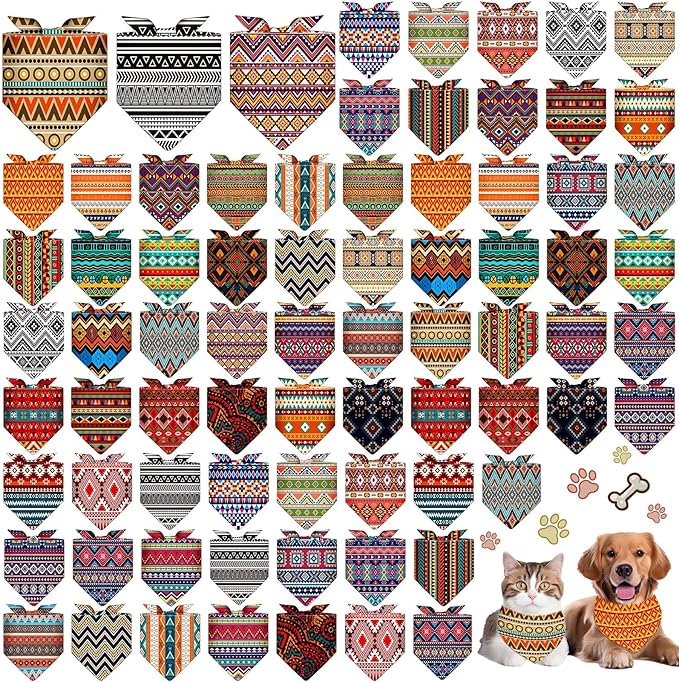 Reginary 72 Packs Dog Bandanas Pet Bandanas Triangle Scarf Bibs Dog Bibs Adjustable Dog Bandana for Pet Costume Accessories (Geometric Stripes Pattern)