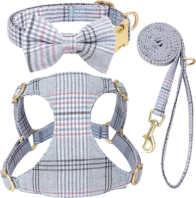 Beirui Cute Small Dog Harness Collar and Leash Set with Bowtie, Soft Adjustable Plaid Puppy Harness for Small Sized Dogs Cats Walks Parties and Photoshoots(Blue,XS:Chest 13-18")