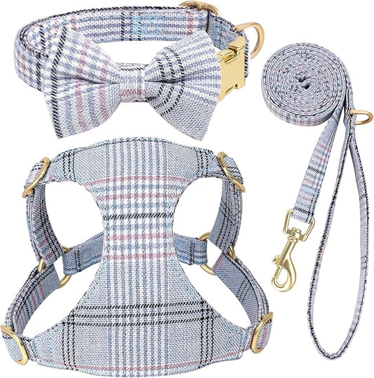 Beirui Cute Small Dog Harness Collar and Leash Set with Bowtie, Soft Adjustable Plaid Puppy Harness for Small Sized Dogs Cats Walks Parties and Photoshoots(Blue,XXS:Chest 12-14")
