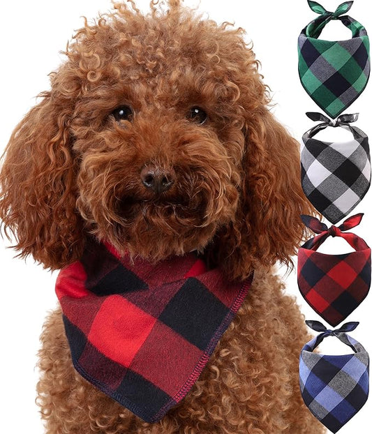 Dog Bandana 4 Pack - Dog Bandanas Boy, Girl, Premium Durable Soft Lightweight Fabric, Buffalo Plaid Scarf for Small Dogs, Cats Pets, Black and White, Red, Green, Blue, Small