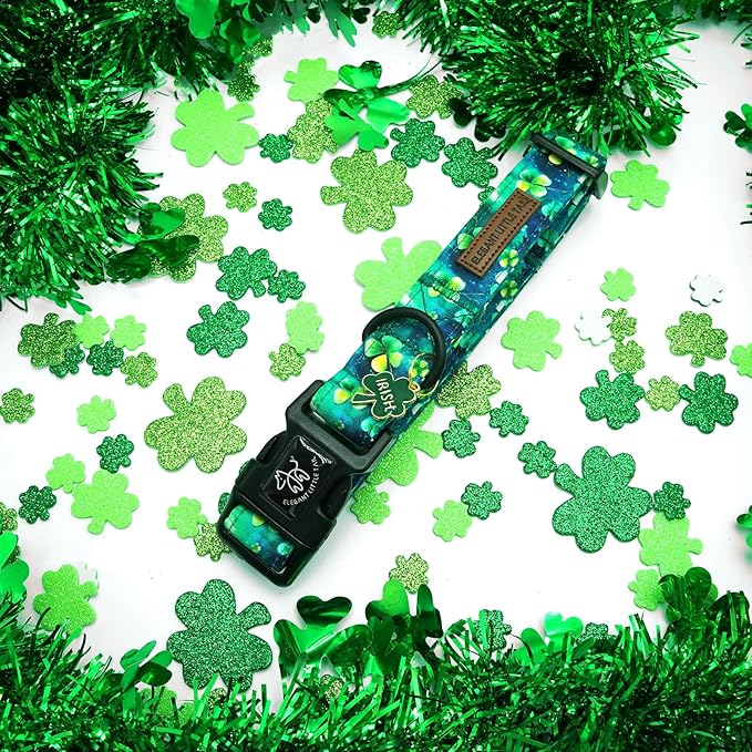 Elegant little tail St Patrick's Dog Collar-Green Cute Colver Cotton Shamrock Pet Collar Trefoil Holiday Adjustable Cotton Pet Collar with Quick Release Buckle for Small Medium Large Dogs