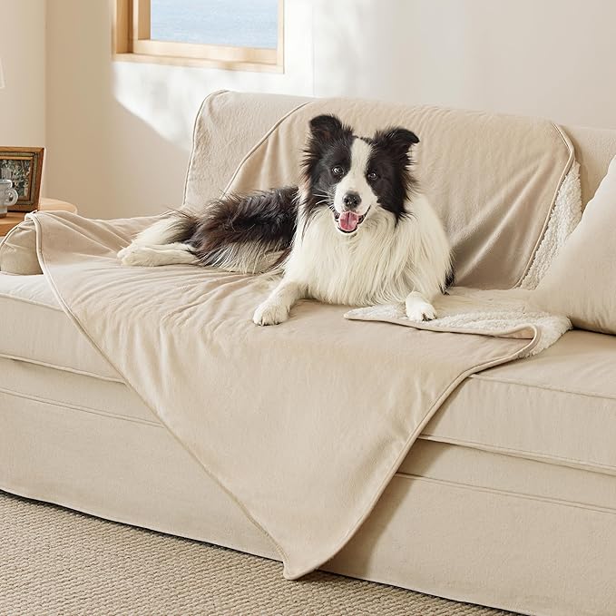 Bedsure Cat Blanket for Indoor Cats - Waterproof Calming Cat Blankets for Couch Bed Protection, Sherpa Fleece Pet Blanket, Soft Plush Reversible Throw Furniture Protector, 60"x50", Cream