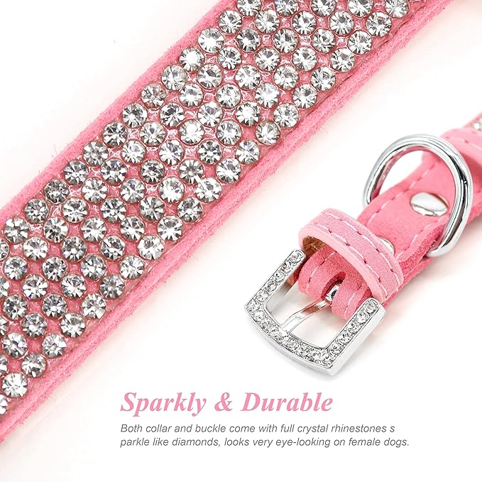 PET ARTIST Rhinestone Dog Collar and Leash Set, Sparkling Girl Dog Collars with Bling Diamonds, Soft Leather Pink Puppy Collars with Cute Flower for Small Dogs Cats Walking Party Wedding,XS