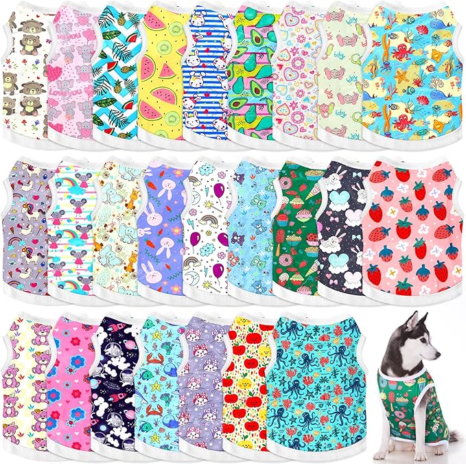 Paterr 25 Pcs Dog Shirts Printed Puppy Clothes Breathable Cartoon T Shirt for Dog Soft Puppy Clothing Lovely Pet Shirts Outfits for Pet Dogs Cats Summer Party Holiday, 25 Styles (Size: XL)