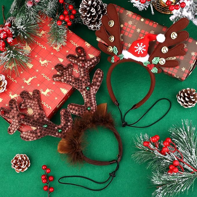 Pedgot 3 Pack Christmas Pet Headwear Xmas Hair Loop Brown Reindeer Antlers Headband Christmas Pet Costume Hair Accessory for Dogs