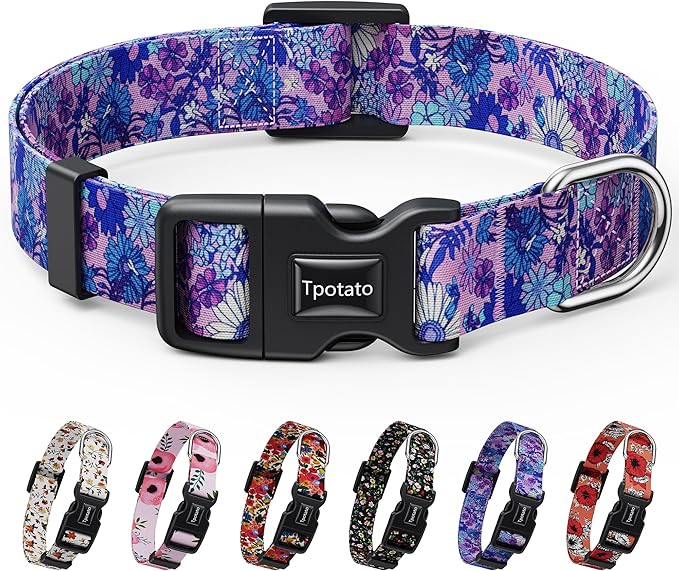 Tpotato Reflective Combination Pattern Girl Dog Collar for Puppy Small Medium Large Breed Dogs,Female Cute Floral Designer Dog Collars,Adjustable Soft Nylon Pet Collar,Quick Release Dog Collar M