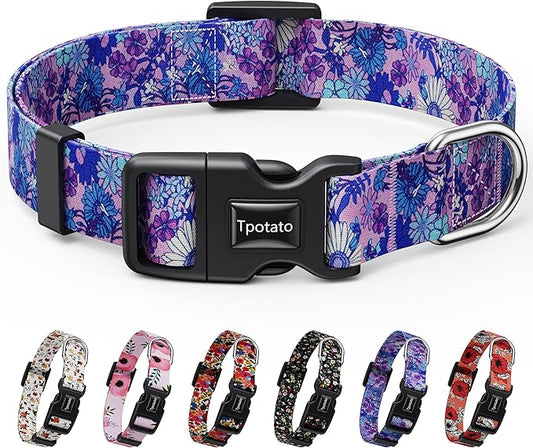 Tpotato Reflective Combination Pattern Girl Dog Collar for Puppy Small Medium Large Breed Dogs,Female Cute Floral Designer Dog Collars,Adjustable Soft Nylon Pet Collar,Quick Release Dog Collar M