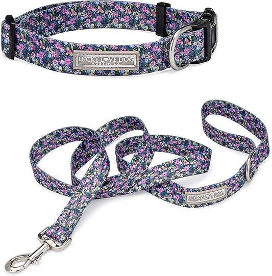 Lucky Love Dog, Matching Dog Collar & Leash Set for Female Dogs, Soft, Adjustable, Safe for Training and Walking, Black & Purple Floral Print, Primrose Combo, XS