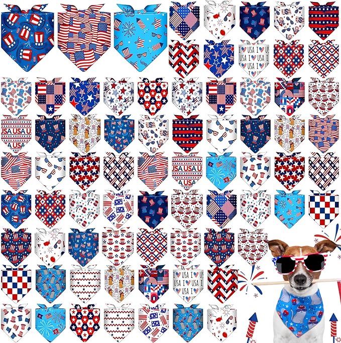 72 Pcs 4th of July Dog Bandanas Bulk Independence Day Triangle Scarf Patriotic Cat Bibs Puppy Scarf Red White and Blue Pet Bandanas for Puppy Cat Birthday Party Costume