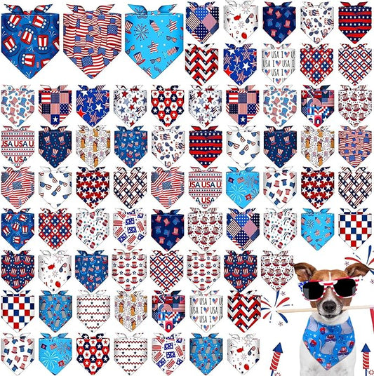 72 Pcs 4th of July Dog Bandanas Bulk Independence Day Triangle Scarf Patriotic Cat Bibs Puppy Scarf Red White and Blue Pet Bandanas for Puppy Cat Birthday Party Costume