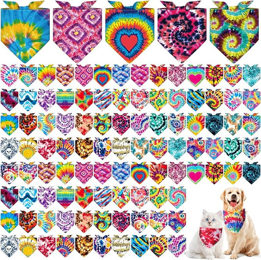 Paterr 100 Pieces Dog Bandanas Bulk Tie Dye Pet Handkerchief Soft Dog Triangle Bibs Cute Kerchief Adjustable Washable Pet Scarf Costume Accessory for Small Medium Dogs Puppy Cats