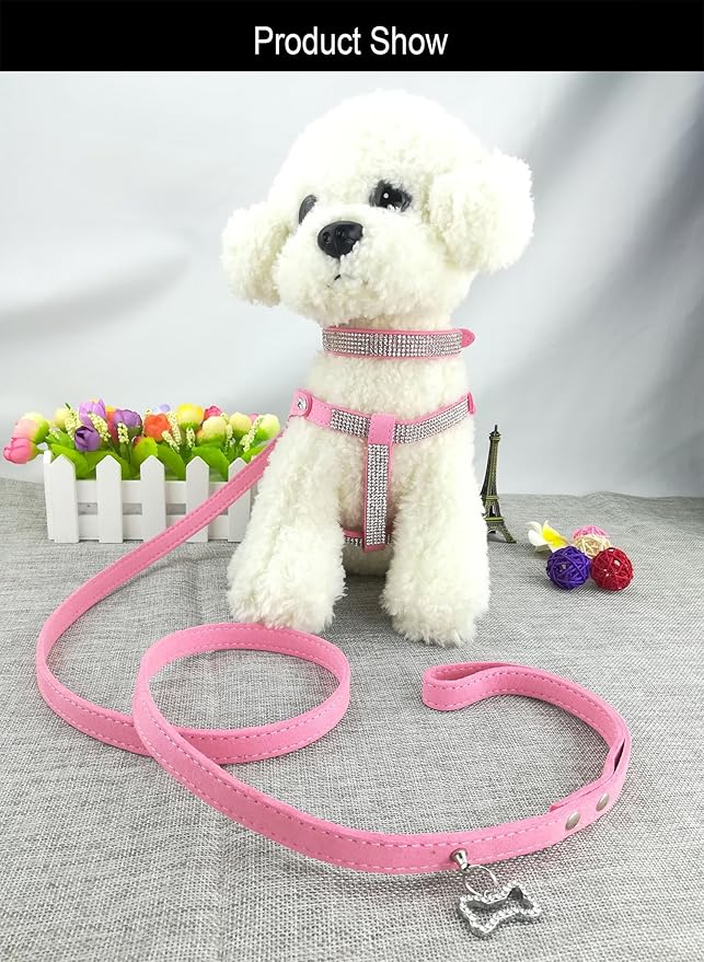 Dog Collar & Harness & Lead Sets Fashion Dog Collar Diamante with Harness & Leashes Comfortable Soft Collar Harness and Leashes Set for Dog - Pink - XS