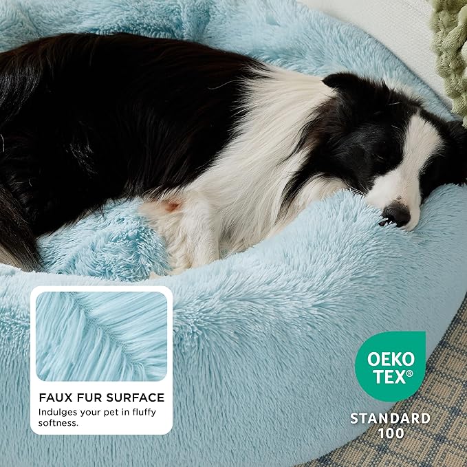 Bedsure Calming Dog Bed for Large Dogs - Donut Washable Large Pet Bed, 36 inches Anti-Slip Round Fluffy Plush Faux Fur Dog Bed, Fits up to 100 lbs Pets, Aqua Blue