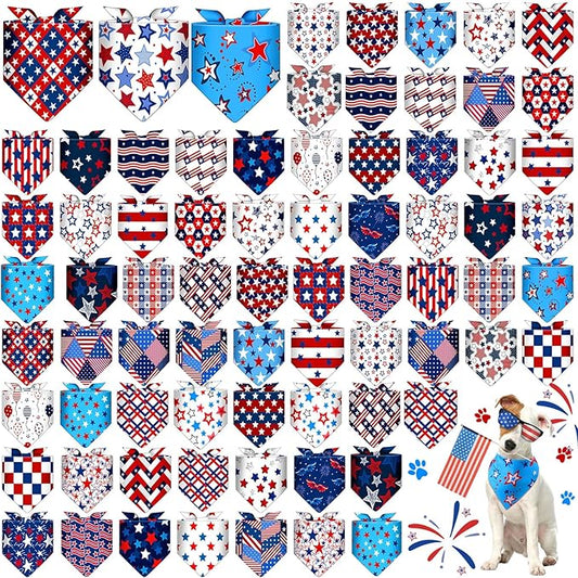 Sanwuta 72 Pcs Dog Bandana Bulk Washable Puppy Triangle Scarfs Cat Bandanas Adjustable Soft Cute Pet Triangle Bibs Accessories for Small Medium Dogs Cats Pets Costume(Independence Day Pattern)