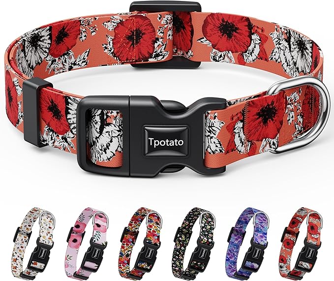 Tpotato Reflective Combination Pattern Girl Dog Collar for Puppy Small Medium Large Breed Dogs,Female Cute Floral Designer Dog Collars,Adjustable Soft Nylon Pet Collar,Quick Release Dog Collar M