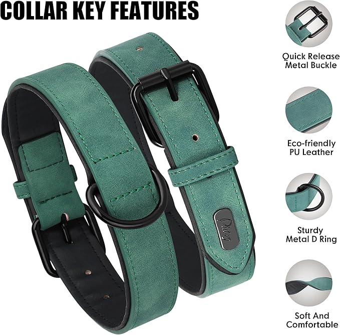 Didog Soft Padded Leather Dog Collar, Breathable Heavy Duty Dog Collar Faux Leather with Adjustable Rust-Proof Metal Buckle for Small Medium Large Dogs, Green, L Fit Neck 13-17"(22-44 lbs)